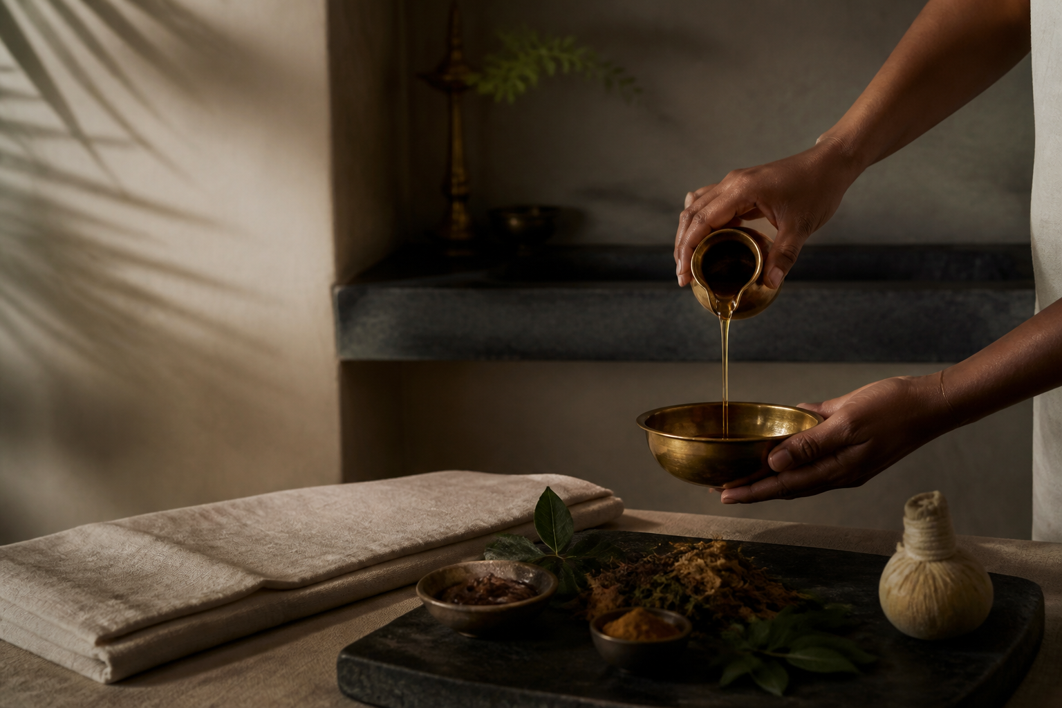 Ayurvedic practitioner preparing warm herbal oil
